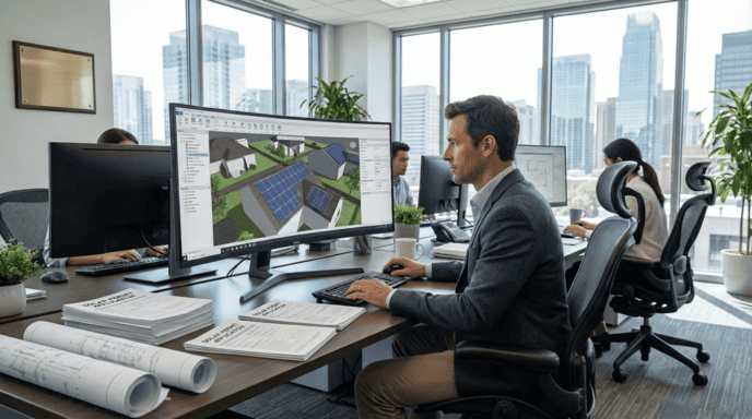 man working on the computer solar design