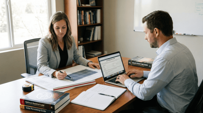 two professionals working on solar permit