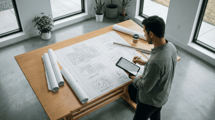 man holding tablet permit design on the table