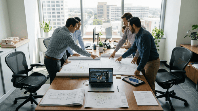 team in an office building working