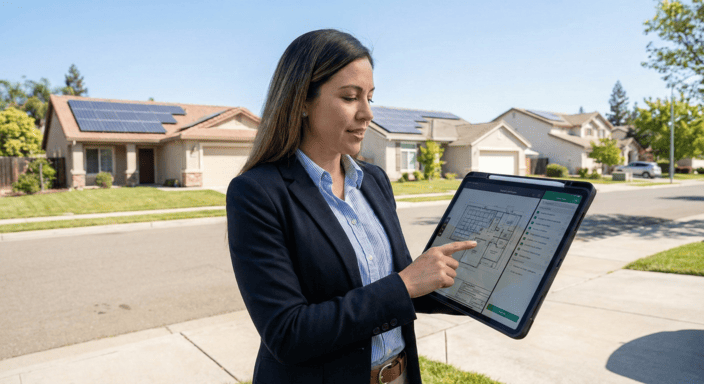 woman in a residential area with solar permit