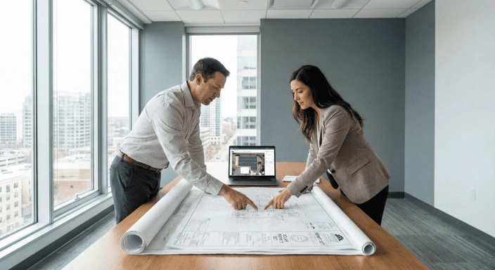 man and woman discussing solar designs and permit