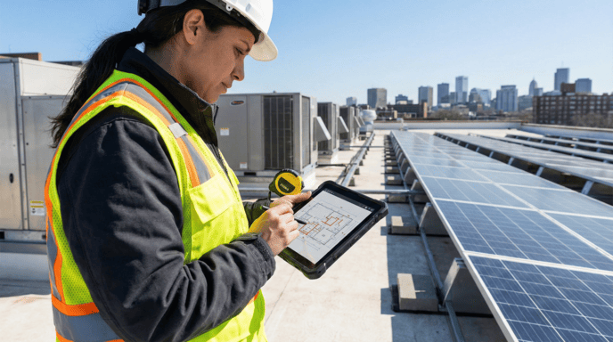 woman engineer on top of a building with permit ready