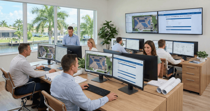 team working on solar designs and permits