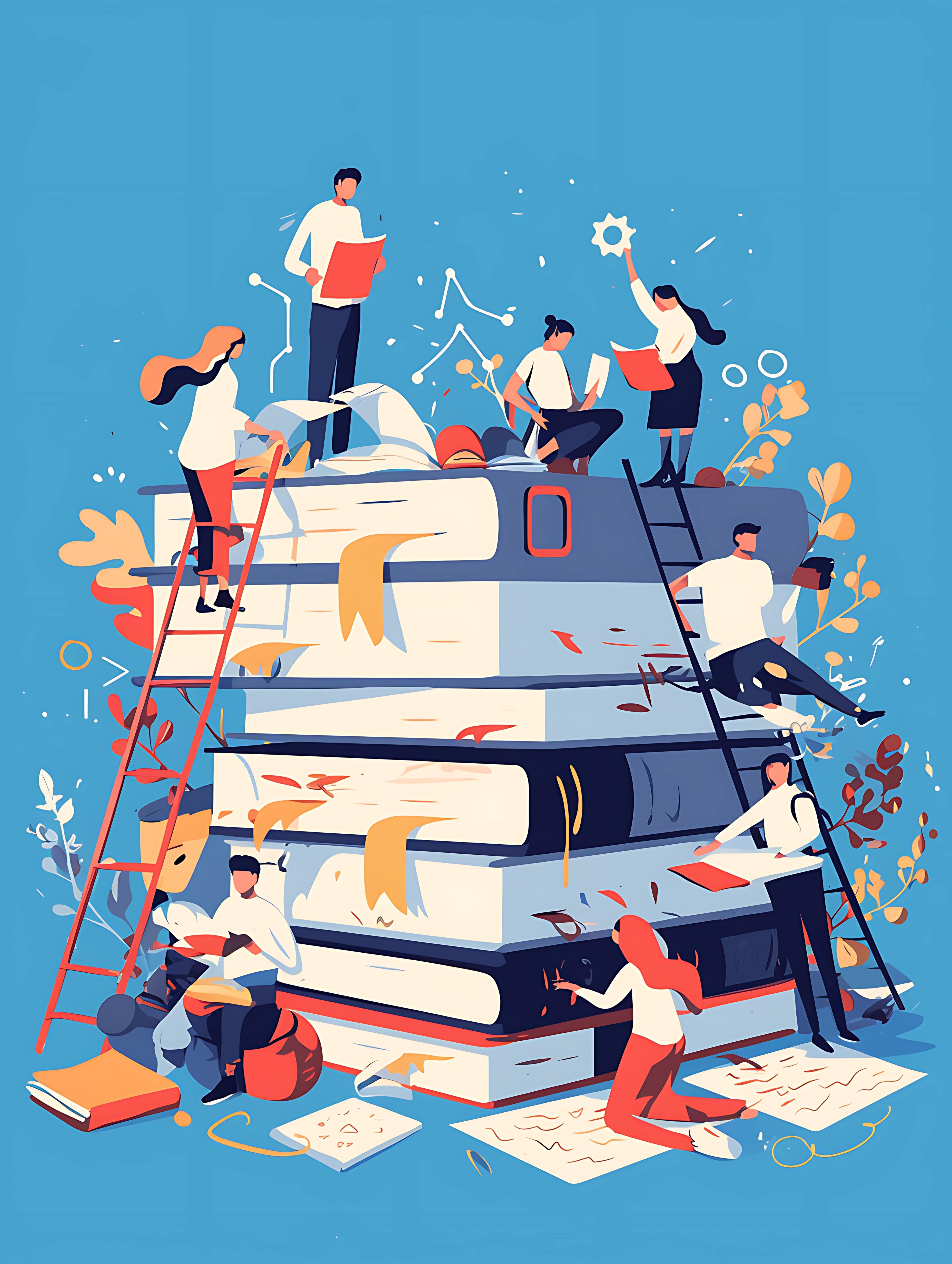 Colorful illustration showing several people studying and collaborating around a giant stack of books. Some are standing on ladders, others are reading, writing, or holding papers and symbolic gears, representing academic research, teamwork, and the creative exchange of knowledge.