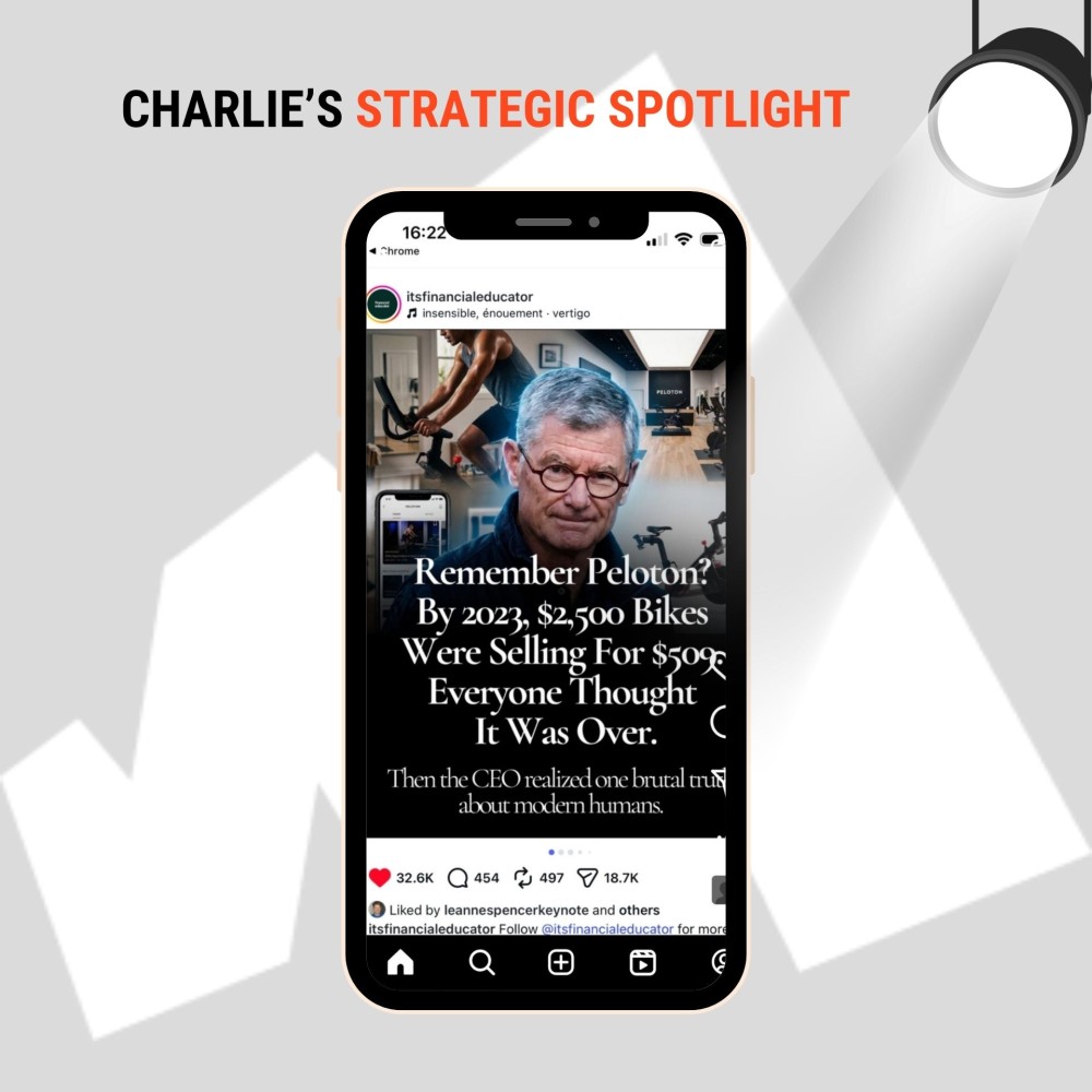 Charlie's Strategic Spotlight - iPhone with an Instagram post about Peloton bikes featured
