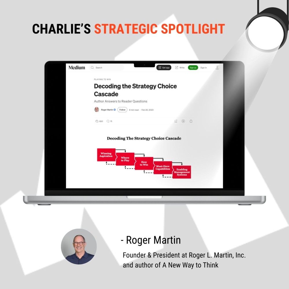 Charlie's strategic spotlight Riger Martin's latest article, featured on Medium, shown on a laptop screen