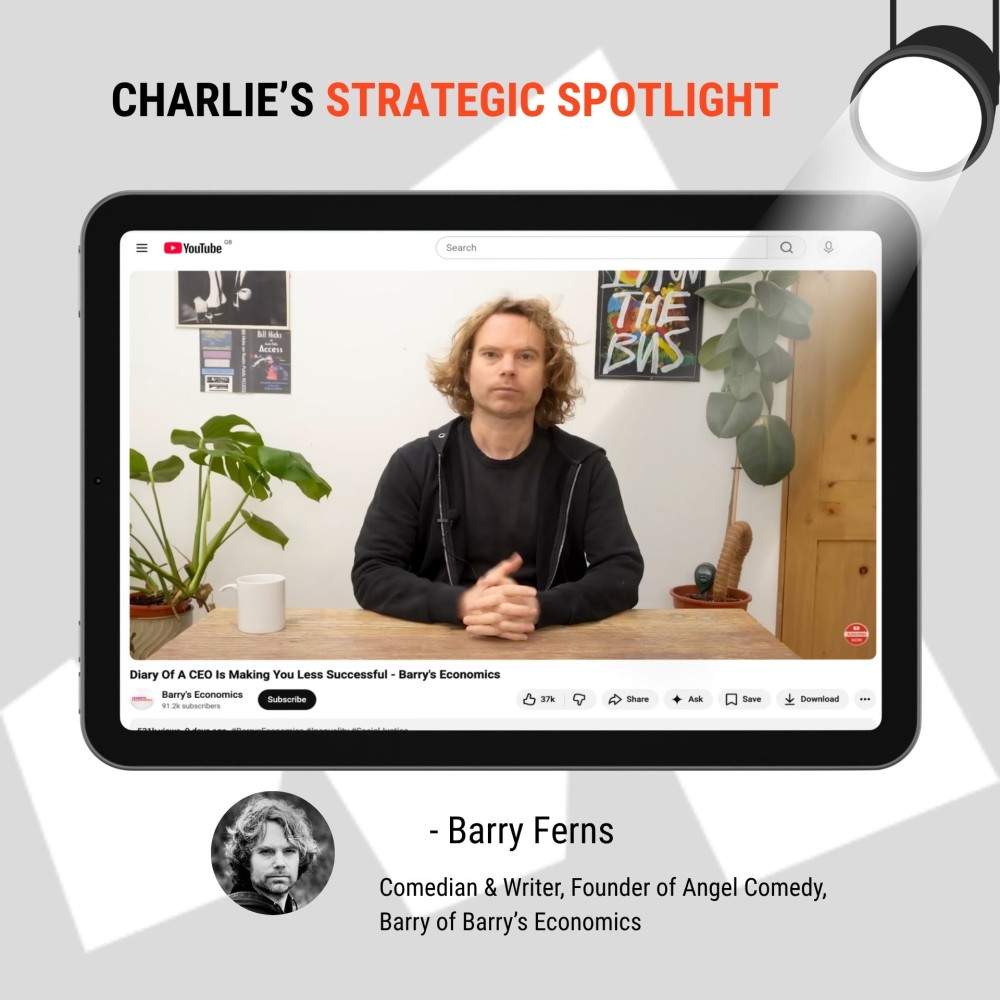 Charlie Strategic Spotlight with Barry Ferns Diary of a CEO with YouTube episode on a tablet