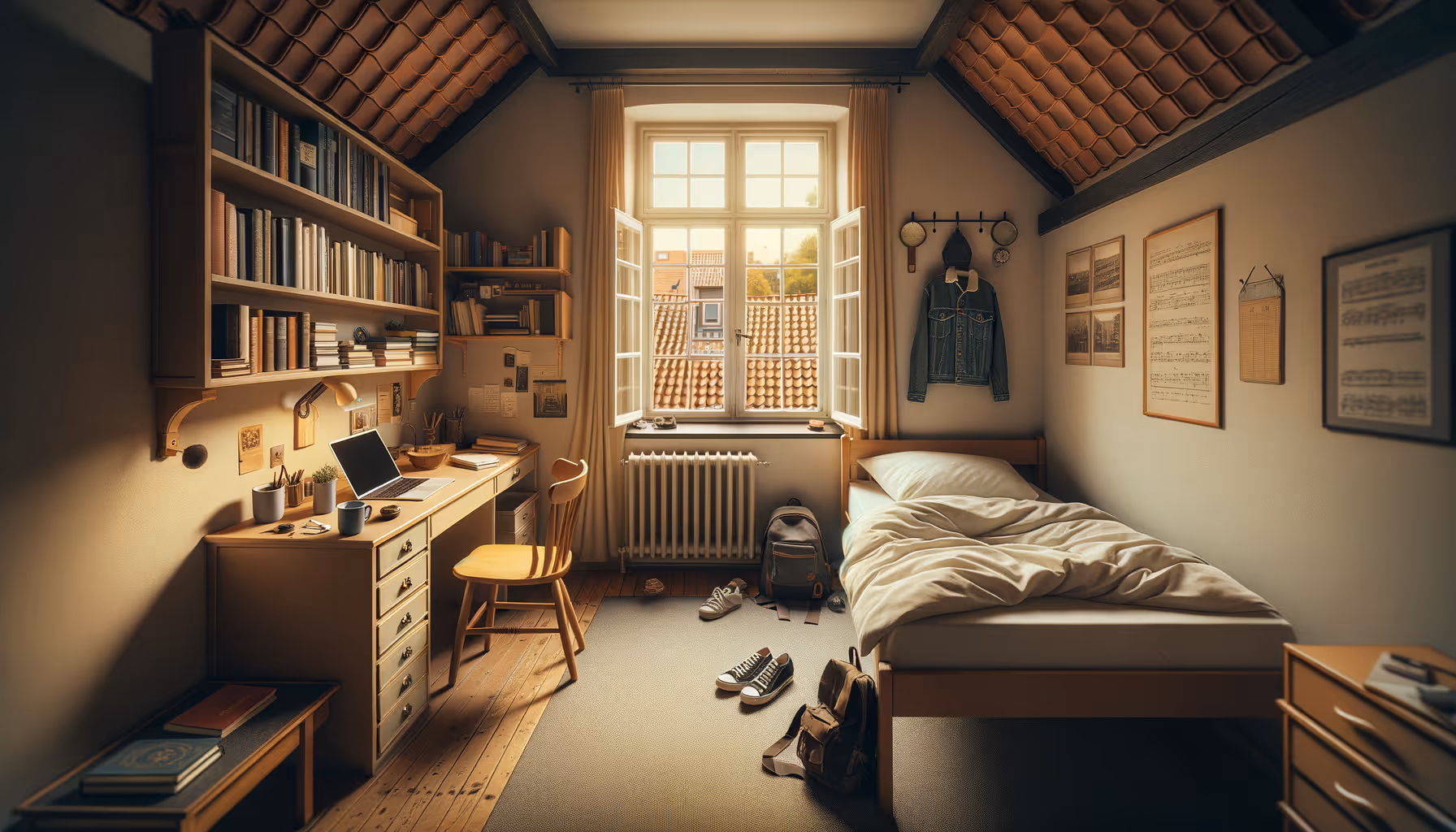 Cozy student apartment room with desk laptop and bookshelf