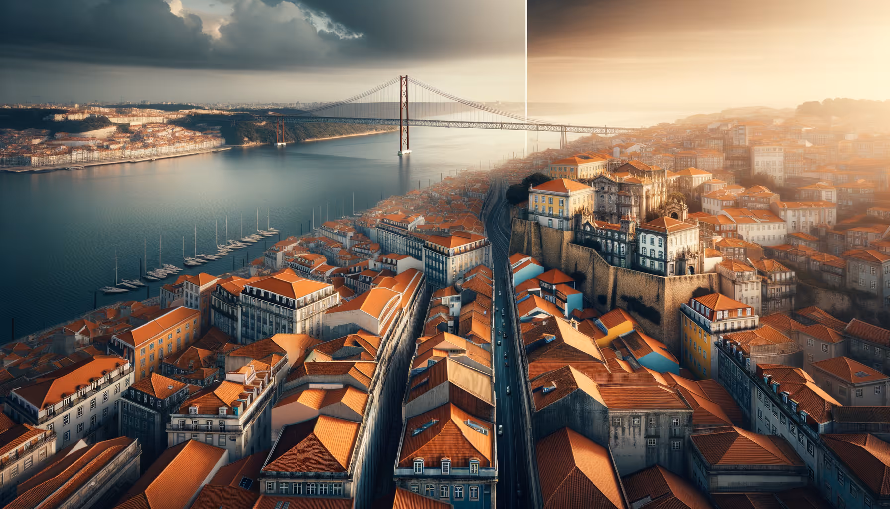 Split aerial view of Lisbon rooftops and Porto riverside with bridge