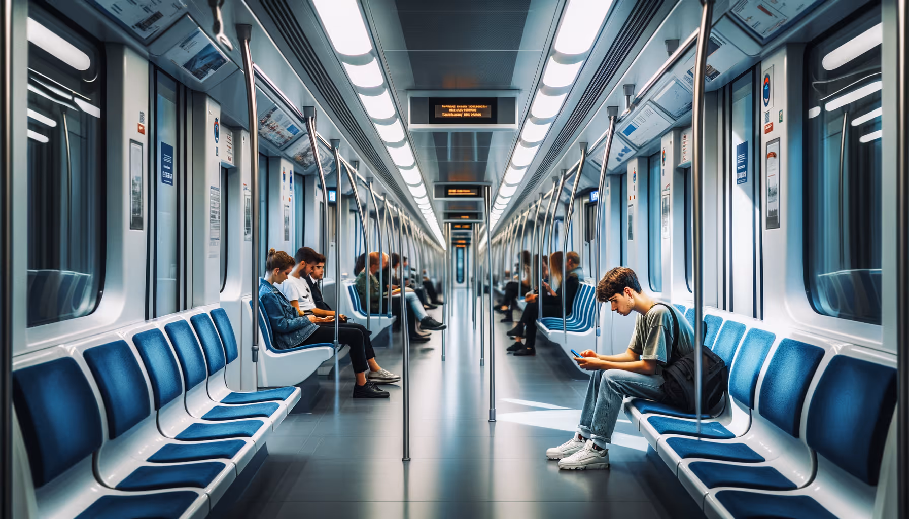 Passengers inside a modern metro train in Portugal