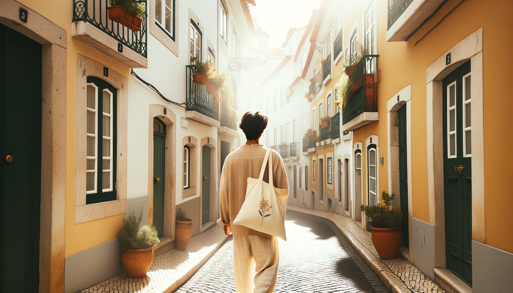 Person walking through a residential Lisbon neighborhood