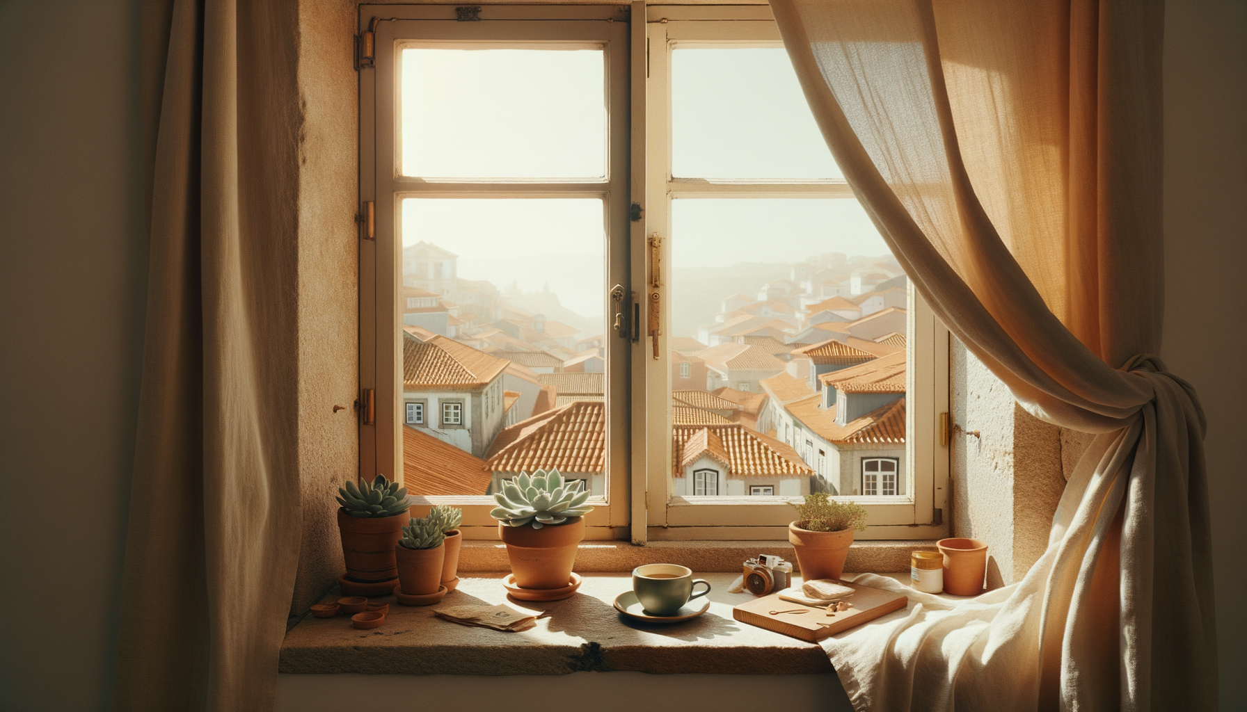 View from Lisbon apartment window showing terracotta rooftops