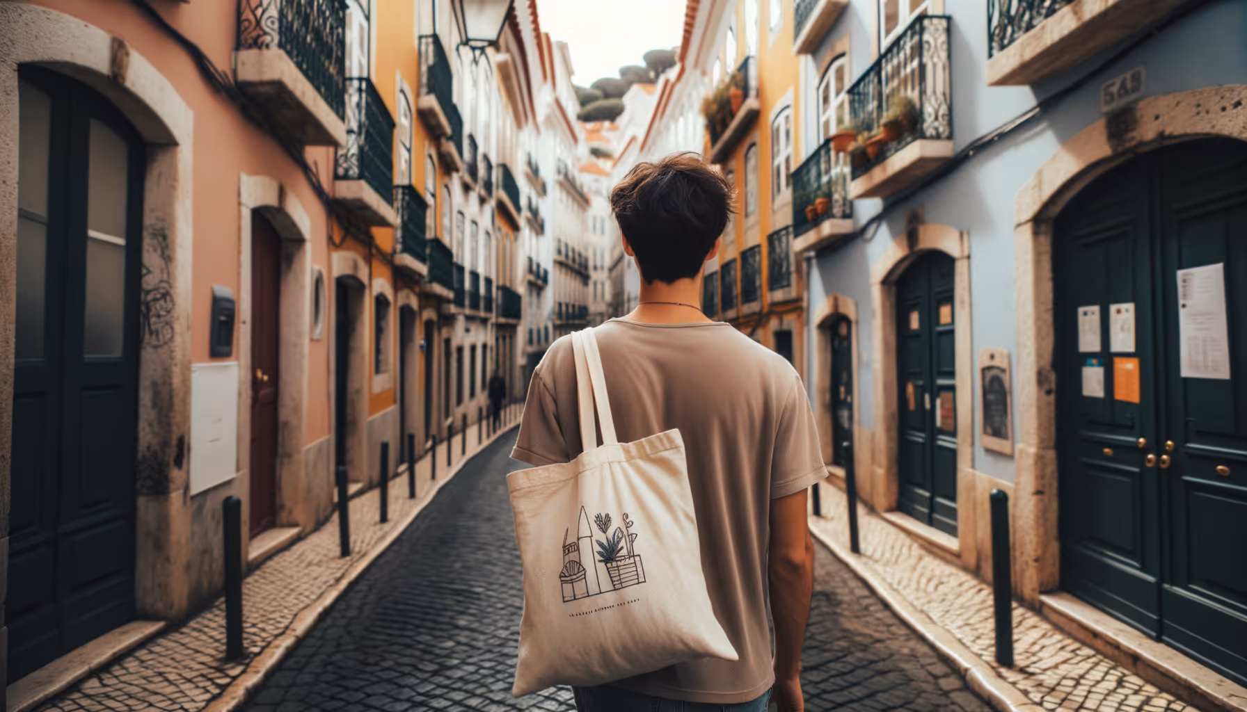 International student walking through a cobblestone street in Portugal