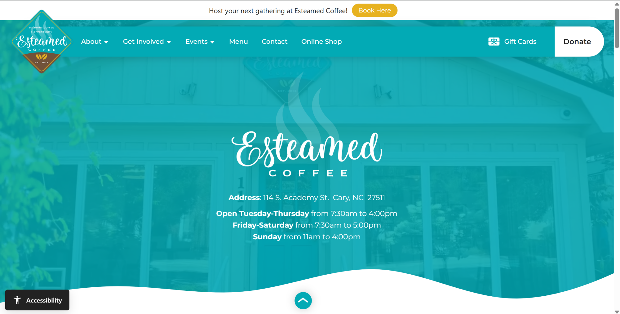 A screenshot of the home page of the Esteamed Coffee website.