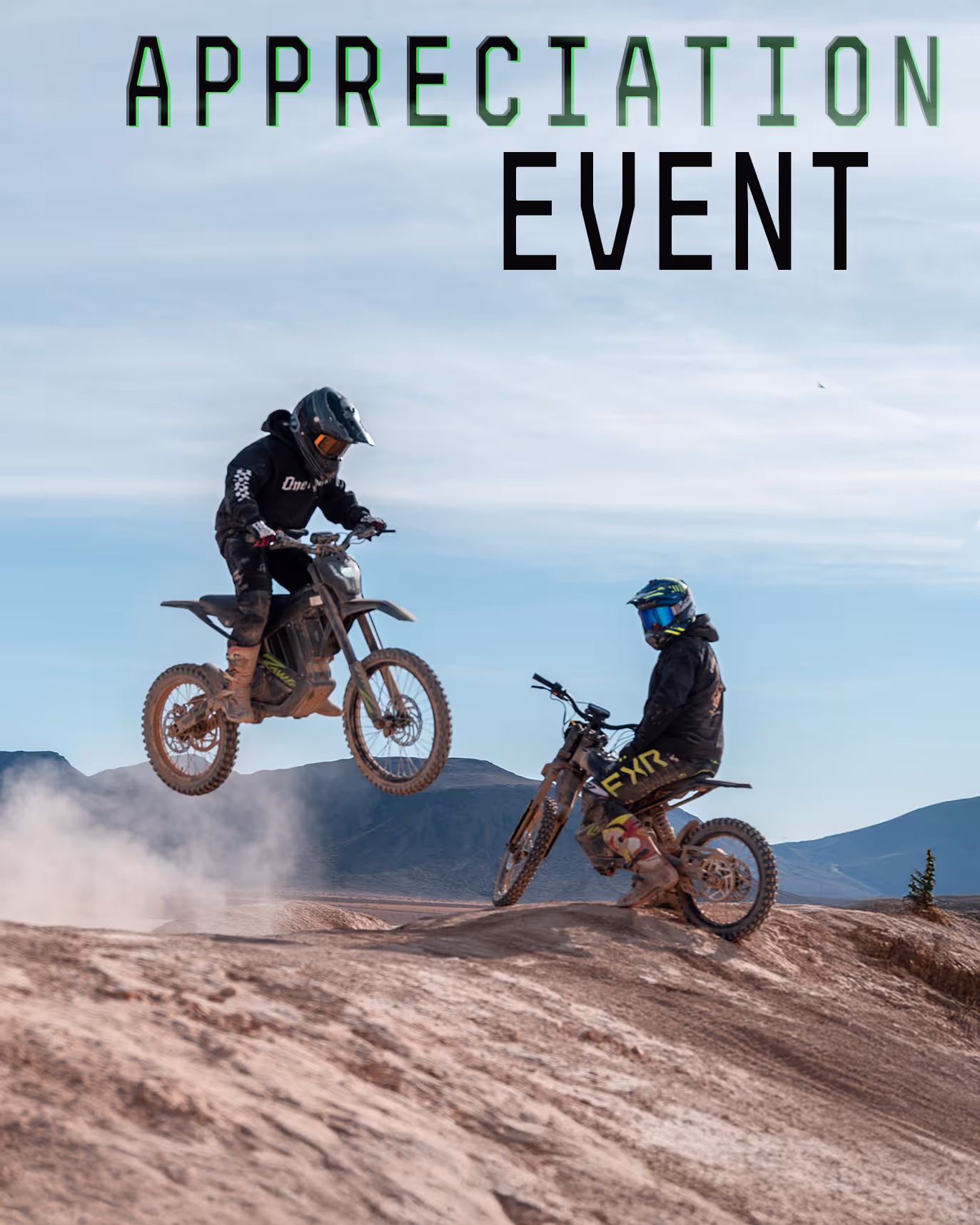 Two dirt bike riders in helmets and gear performing on a rocky terrain with the text 'RAWRR EMOTO APPRECIATION EVENT' above them.