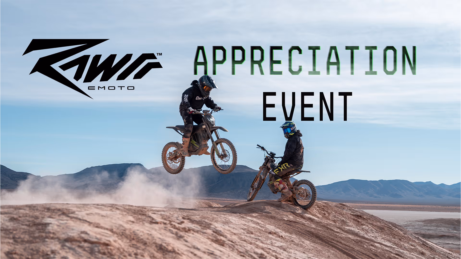 Two dirt bike riders in helmets and gear performing on a rocky terrain with the text 'RAWRR EMOTO APPRECIATION EVENT' above them.
