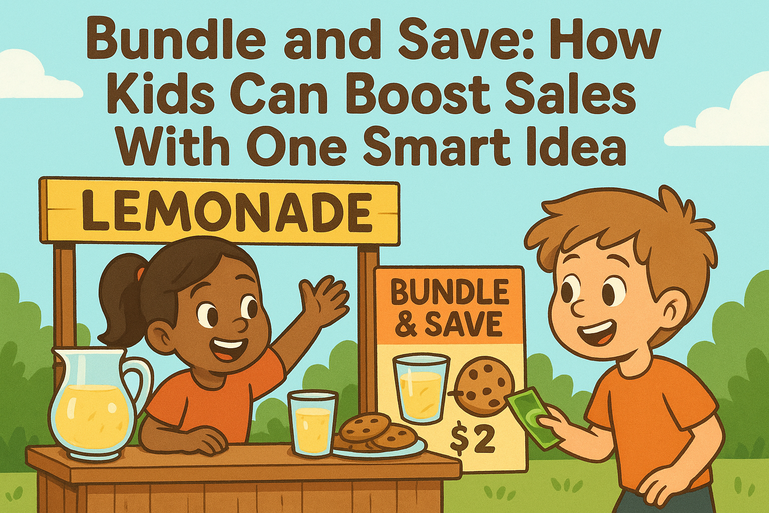 "Cartoon illustration of two kids at a lemonade stand using a 'Bundle and Save' deal, selling lemonade and cookies for $2, teaching young entrepreneurs how to boost sales with creative bundle offers.