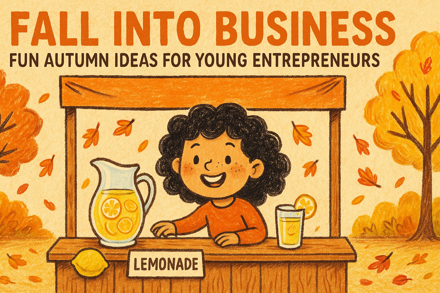 “Hand-drawn autumn illustration of a smiling child running a lemonade stand under colorful fall trees. The stand features a pitcher and glass of lemonade with floating lemon slices, surrounded by orange leaves, pumpkins, and cozy seasonal tones.