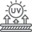 Icon showing sun with 'UV' label emitting rays above a protective shield with arrows deflecting downwards.