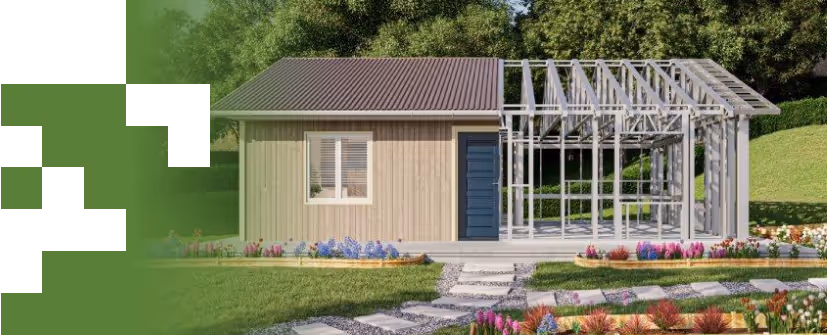 Small wooden house with a blue door and window on the left, and an attached greenhouse frame on the right surrounded by a garden and stone pathway.