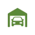 Green icon of a car parked inside a garage.