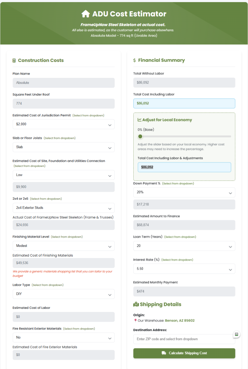 ADU Cost Estimator interface