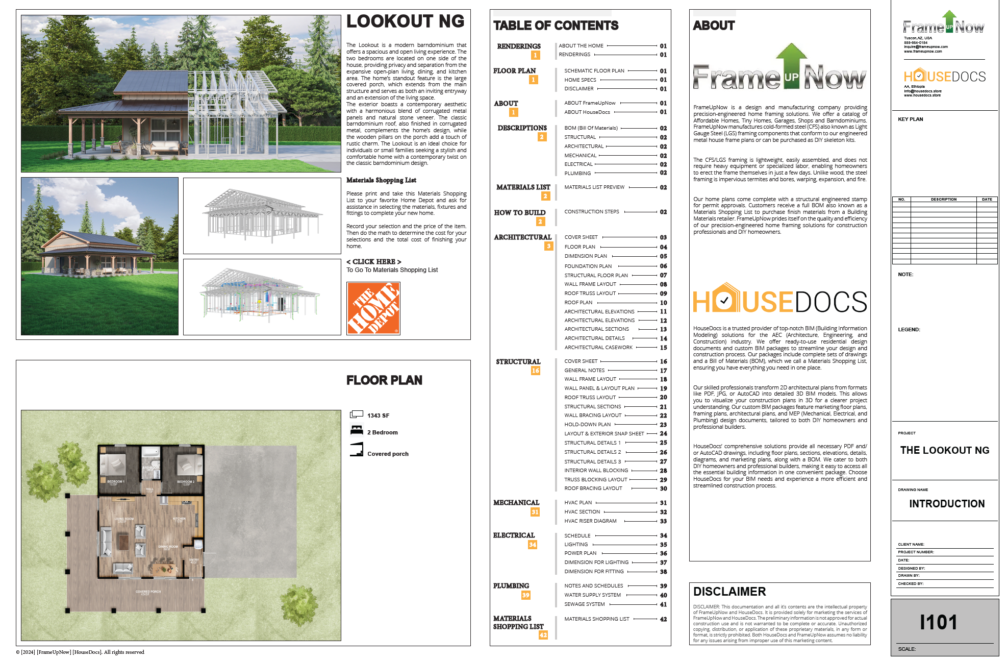 Lookout NG overview, floor plan and FrameUpNow Materials Shopping List from the supplied document