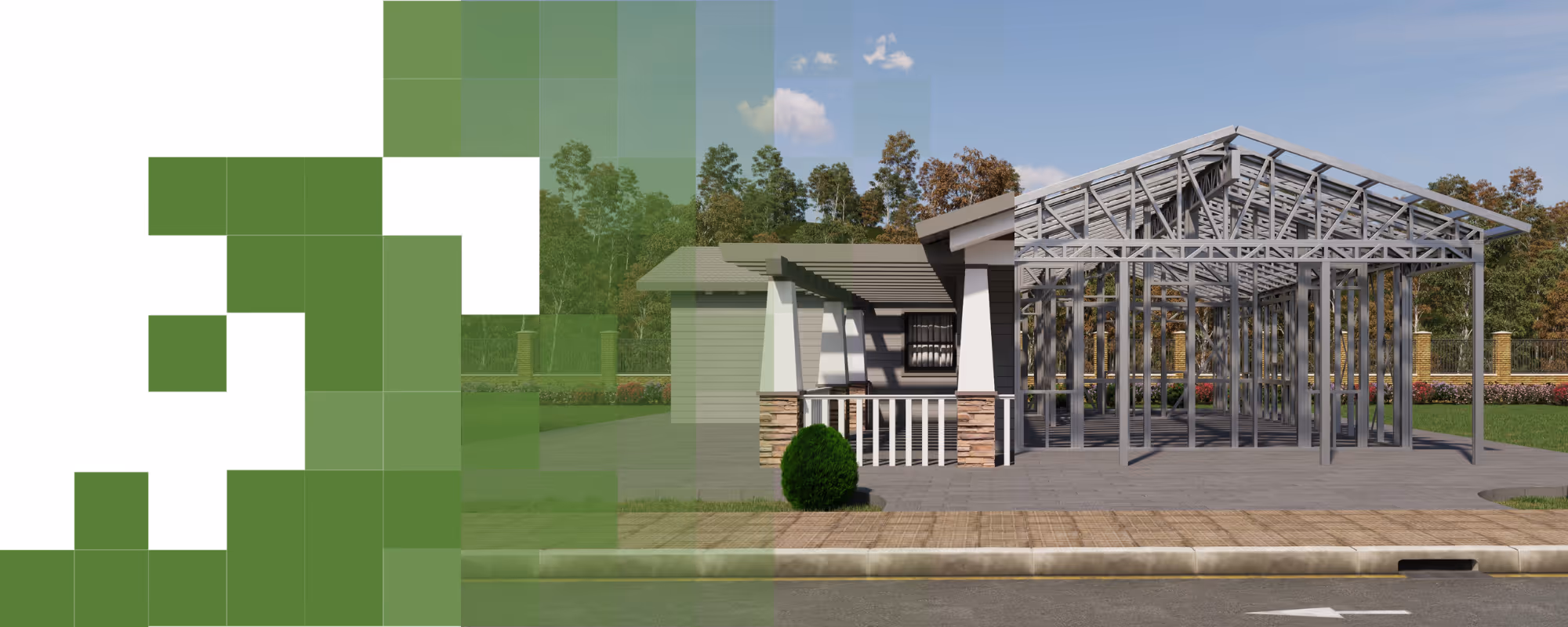 Steel frame structure of a building under construction set against a desert landscape with mountains and blue sky in the background.