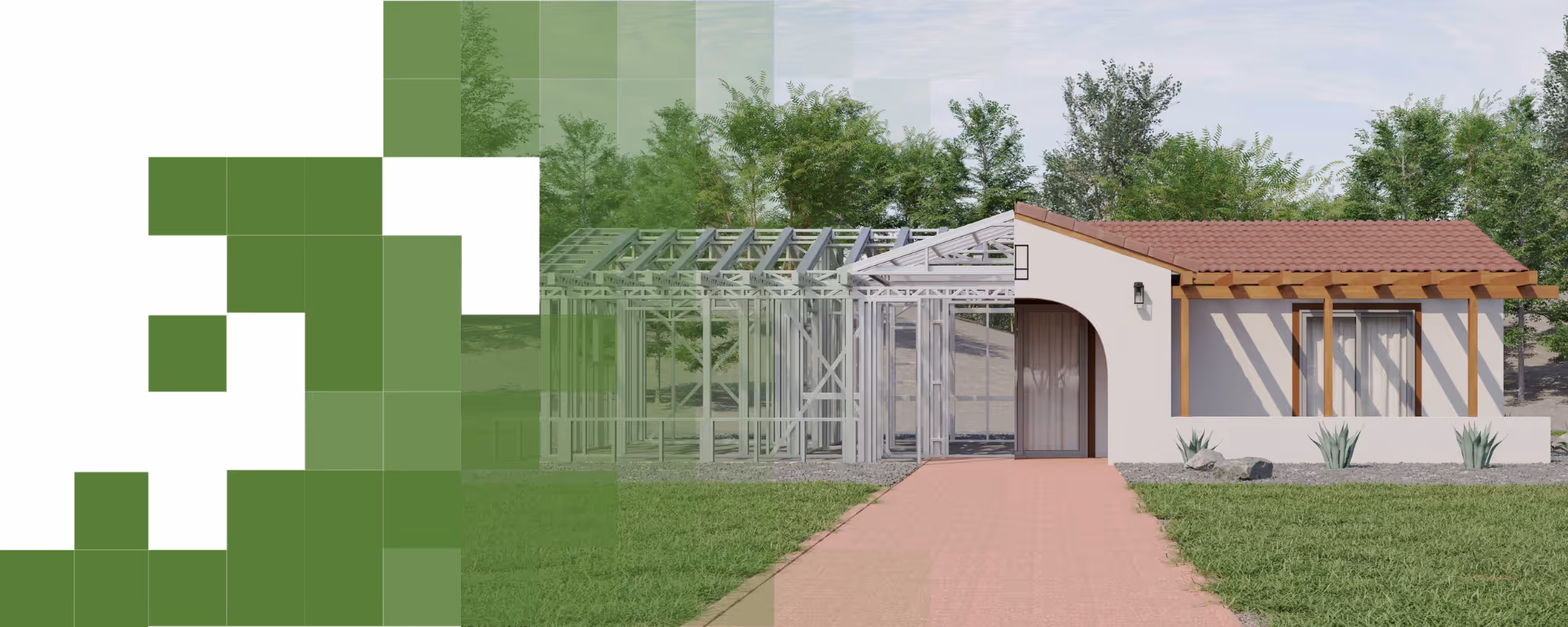 Steel frame structure of a building under construction set against a desert landscape with mountains and blue sky in the background.