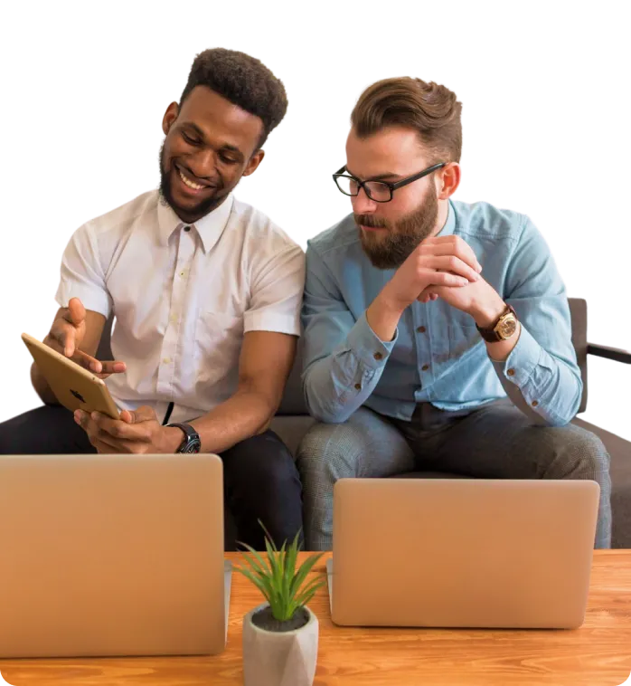 two guys discussing about seamless integration we provide!