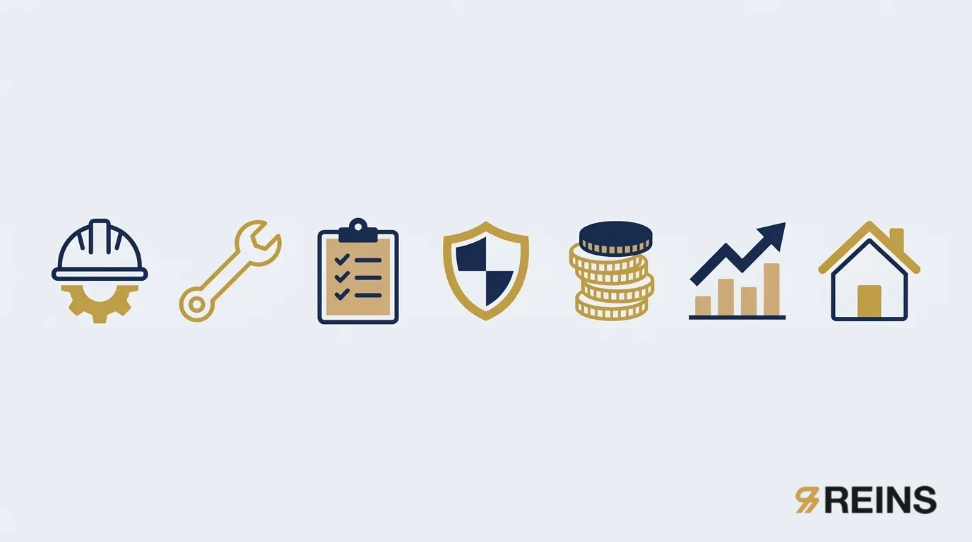 Illustration in Reins brand colors of construction and trades tools, a hard hat, a benefits checklist, a rising growth chart, and a house, representing employee benefits for trades businesses