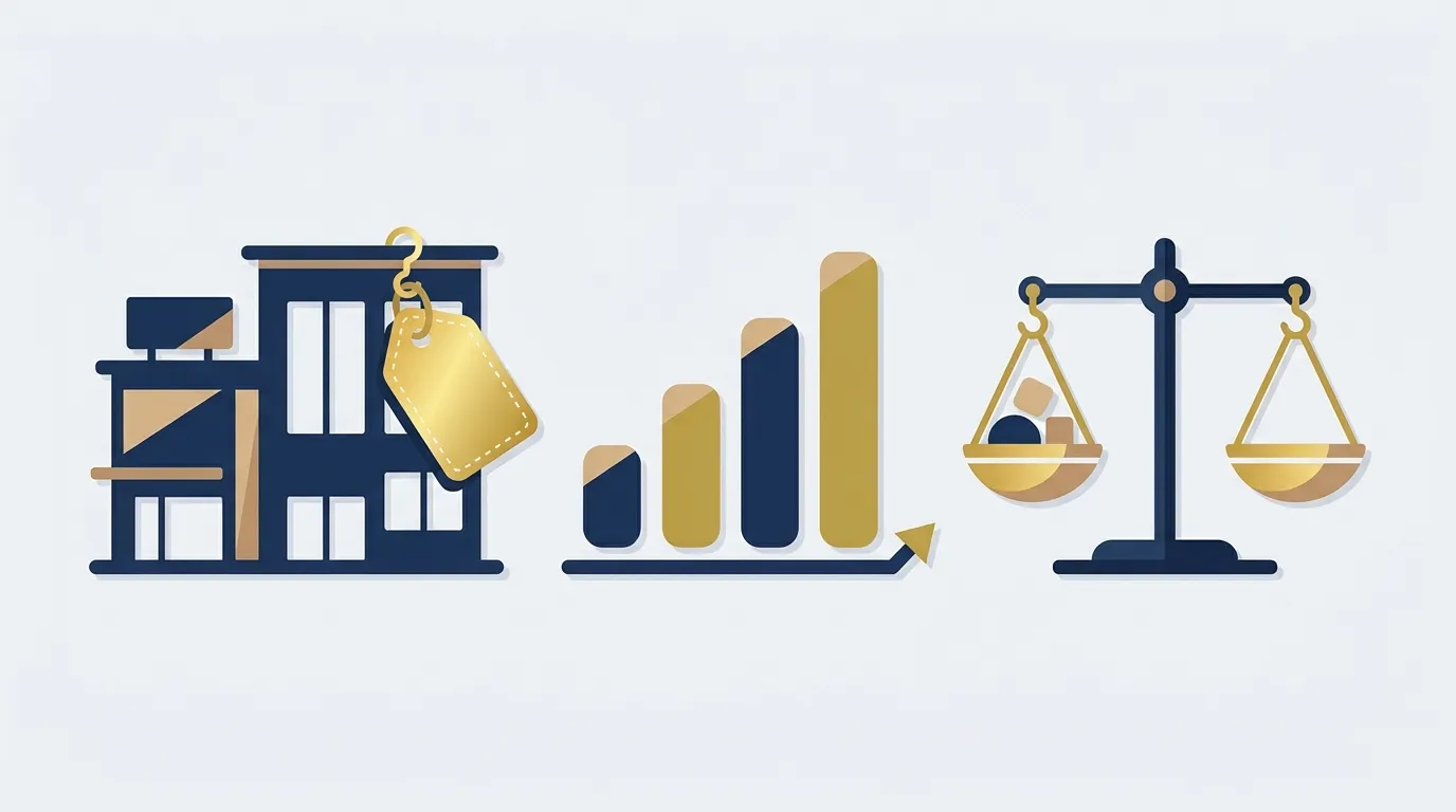 A commercial building with a price tag and valuation chart icons in flat vector illustration style