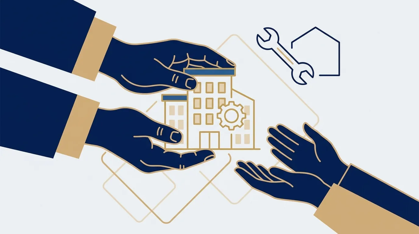 Flat vector illustration of two pairs of hands passing a commercial building between them, in navy and gold