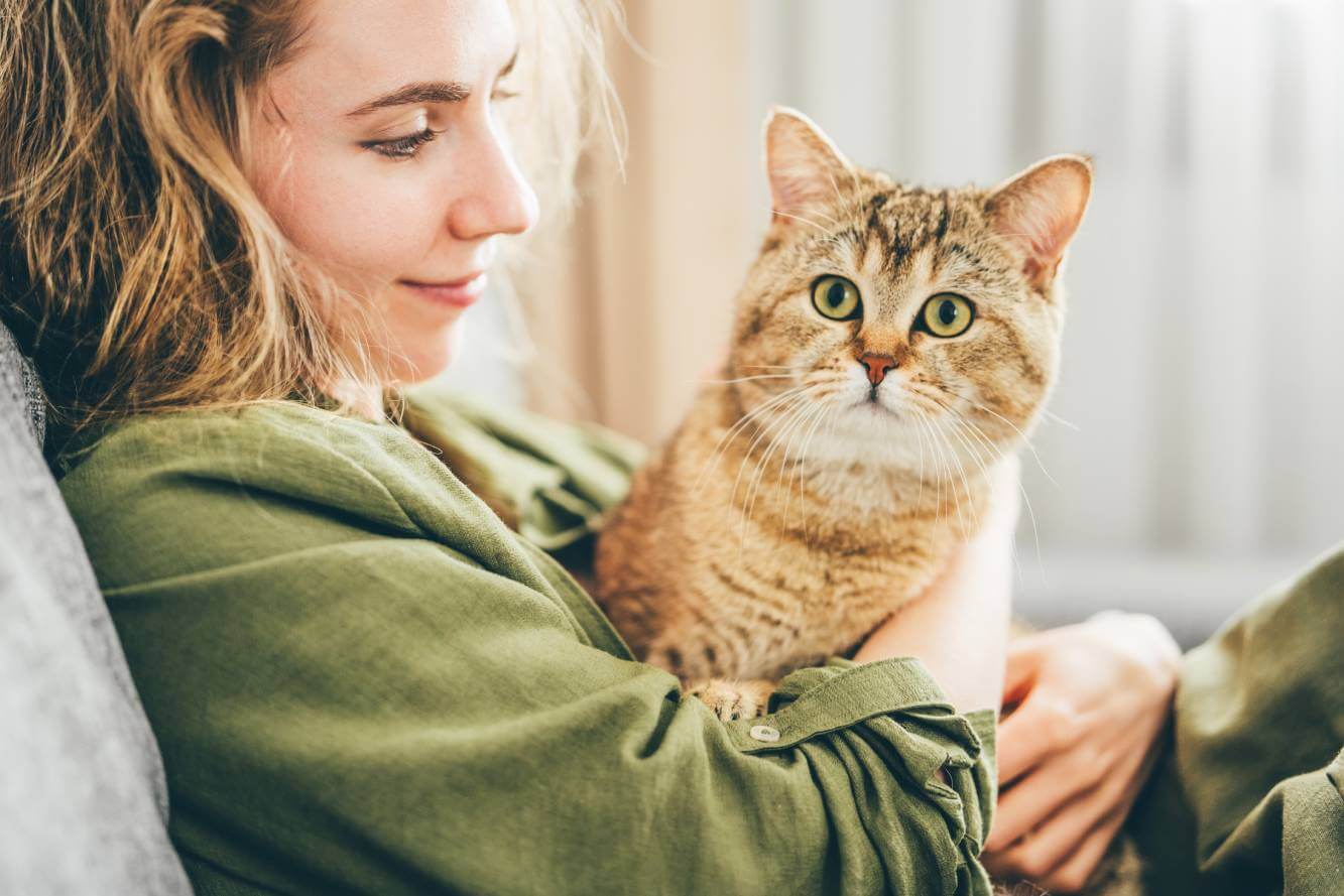 Young woman holding her cat with green eyes