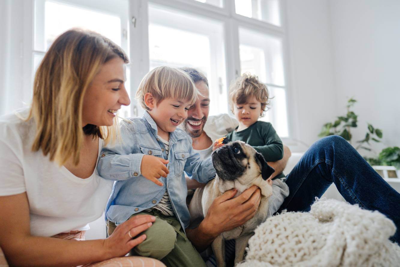 family with two young boys playing with their pet dog while sitting on a living room sofa
