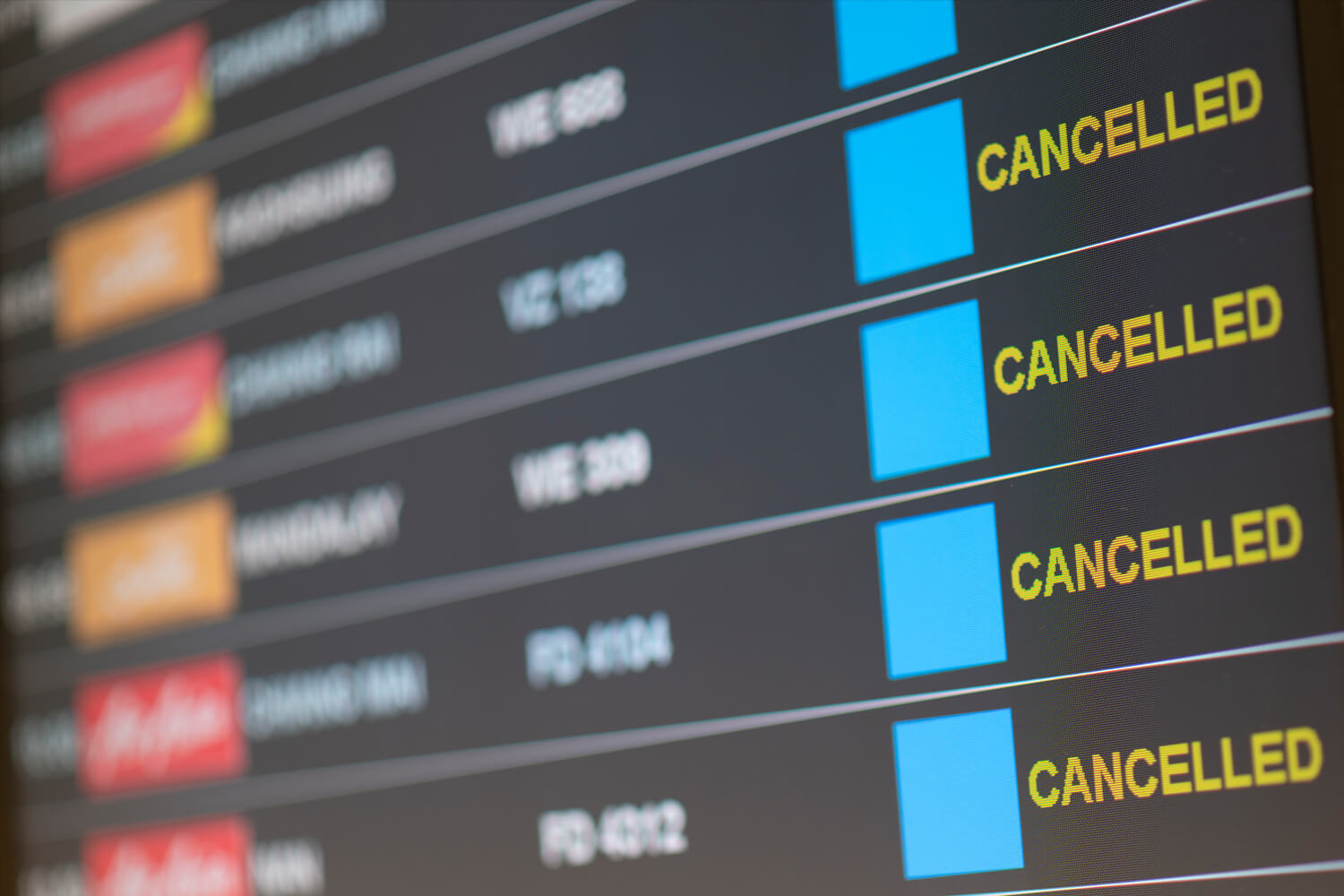 Departure flight board with cancelation at the Airport