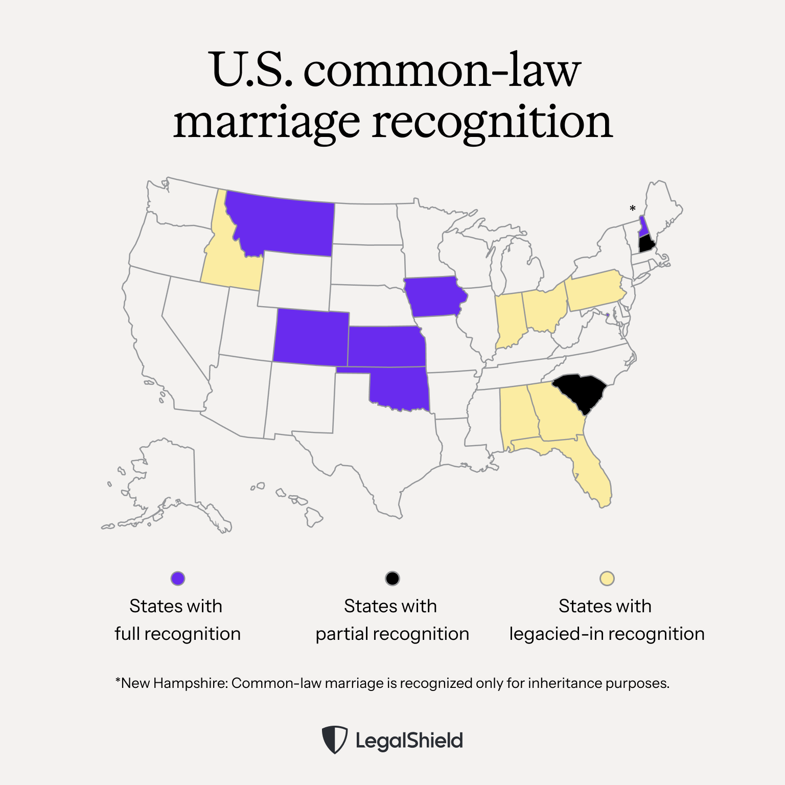 A map of the United States showing which states have full recognition, partial recognition, or legacied-in rules about common law marriage.