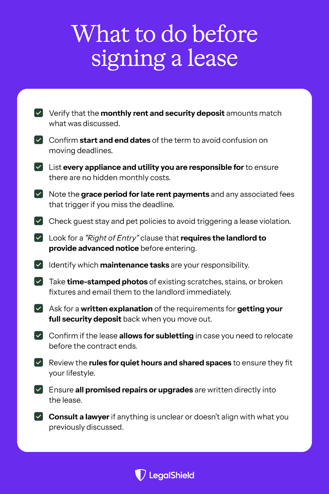 A checklist of key things to do before signing a lease.