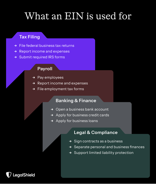 A graphic explains a few different things that an EIN is used for. 