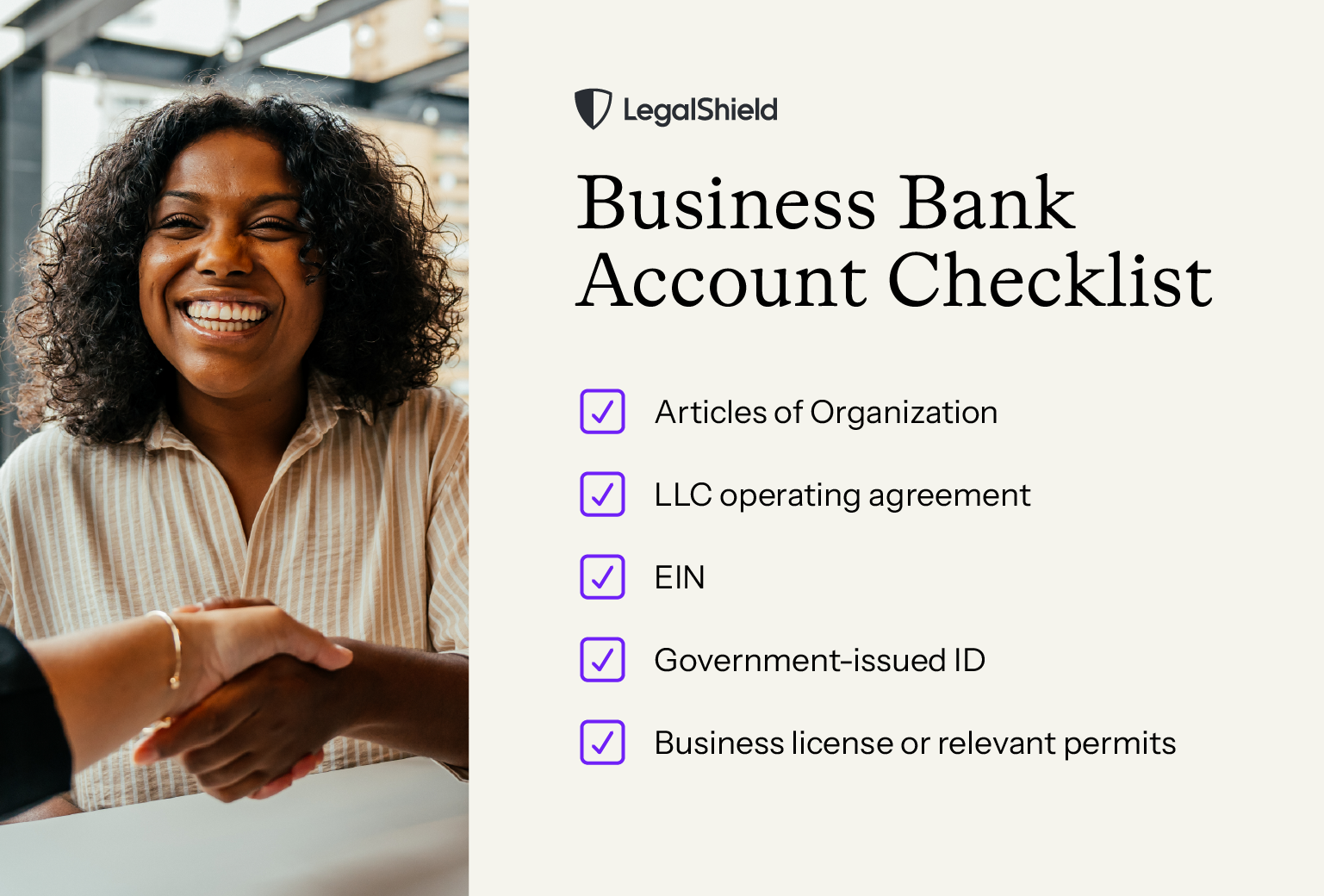 A checklist for items needed when opening a business bank account.