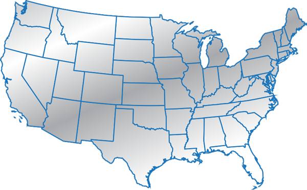 Outline map of the United States showing state boundaries with a gray gradient fill and blue borders.
