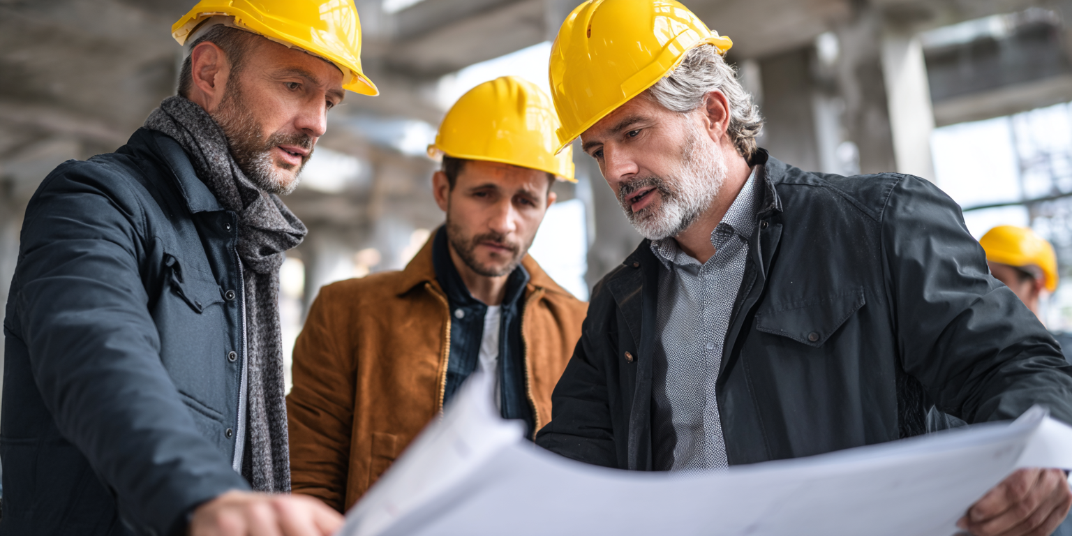 Three male engineers wearing yellow helmets examining blueprints at a construction site.