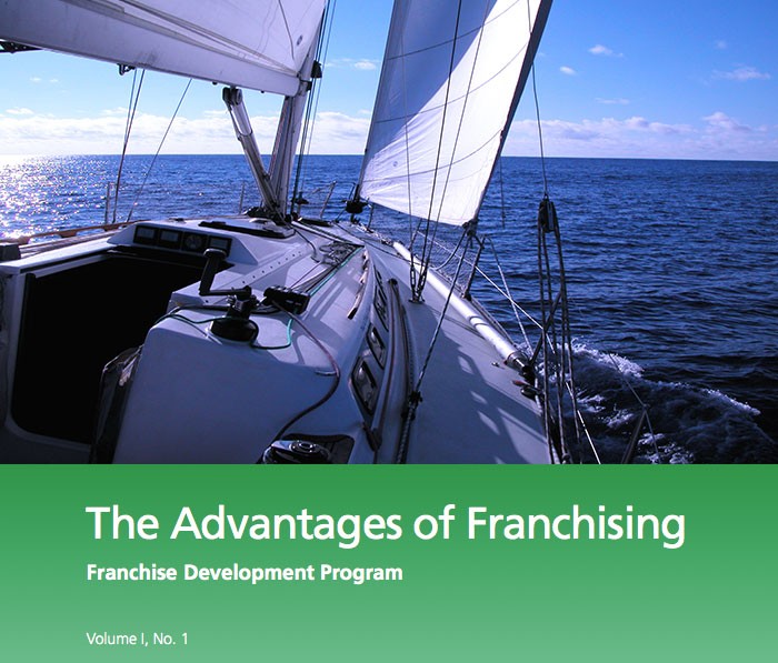 Sailboat on ocean under blue sky above green gradient background with text 'The Advantages of Franchising Franchise Development Program Volume I, No. 1'.