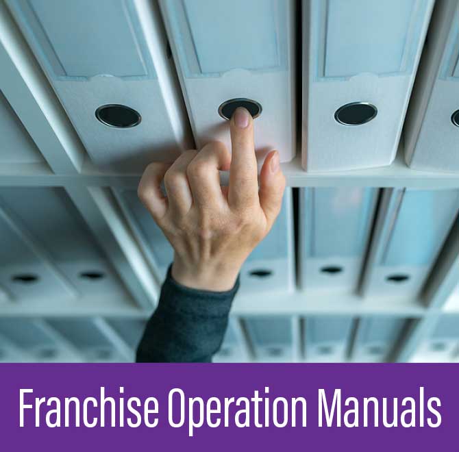 Hand reaching to pull a white binder from a shelf filled with similar binders labeled Franchise Operation Manuals.
