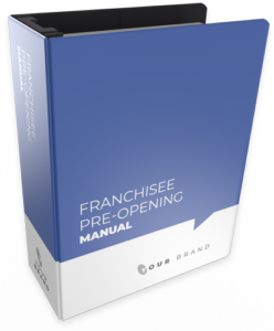 3D binder titled 'Franchisee Pre-Opening Manual' with a blue and white design featuring an arrow and a circular logo.