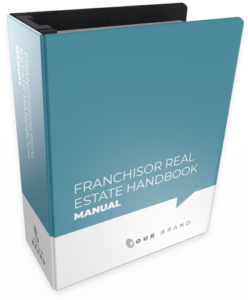 Blue and white binder titled 'Franchisor Real Estate Handbook Manual' with a brand logo at the bottom.