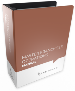 Brown and white binder labeled Master Franchisee Operations Manual with a text arrow and Our Brand logo.