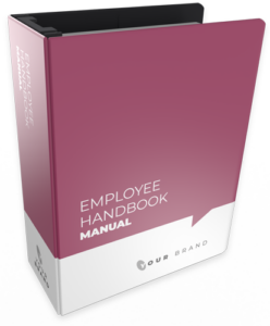 Purple and white binder titled Employee Handbook Manual with a placeholder for brand name.