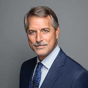 Portrait of a middle-aged man with gray hair and mustache wearing a navy suit, white shirt, and patterned blue tie against a gray background.